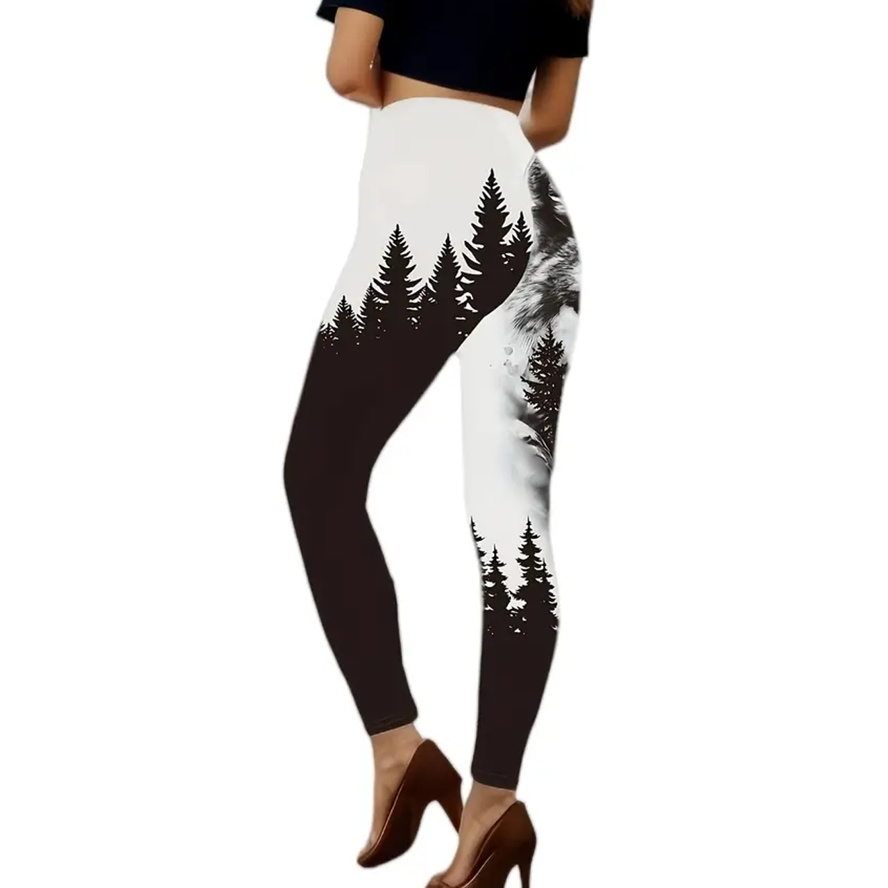 All-Season Comfort-Fit Women's Wolf & Forest Print Skinny Leggings - Elastic, Stretchy And Durable