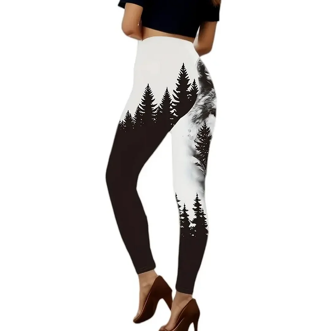 All-Season Comfort-Fit Women's Wolf & Forest Print Skinny Leggings - Elastic, Stretchy And Durable