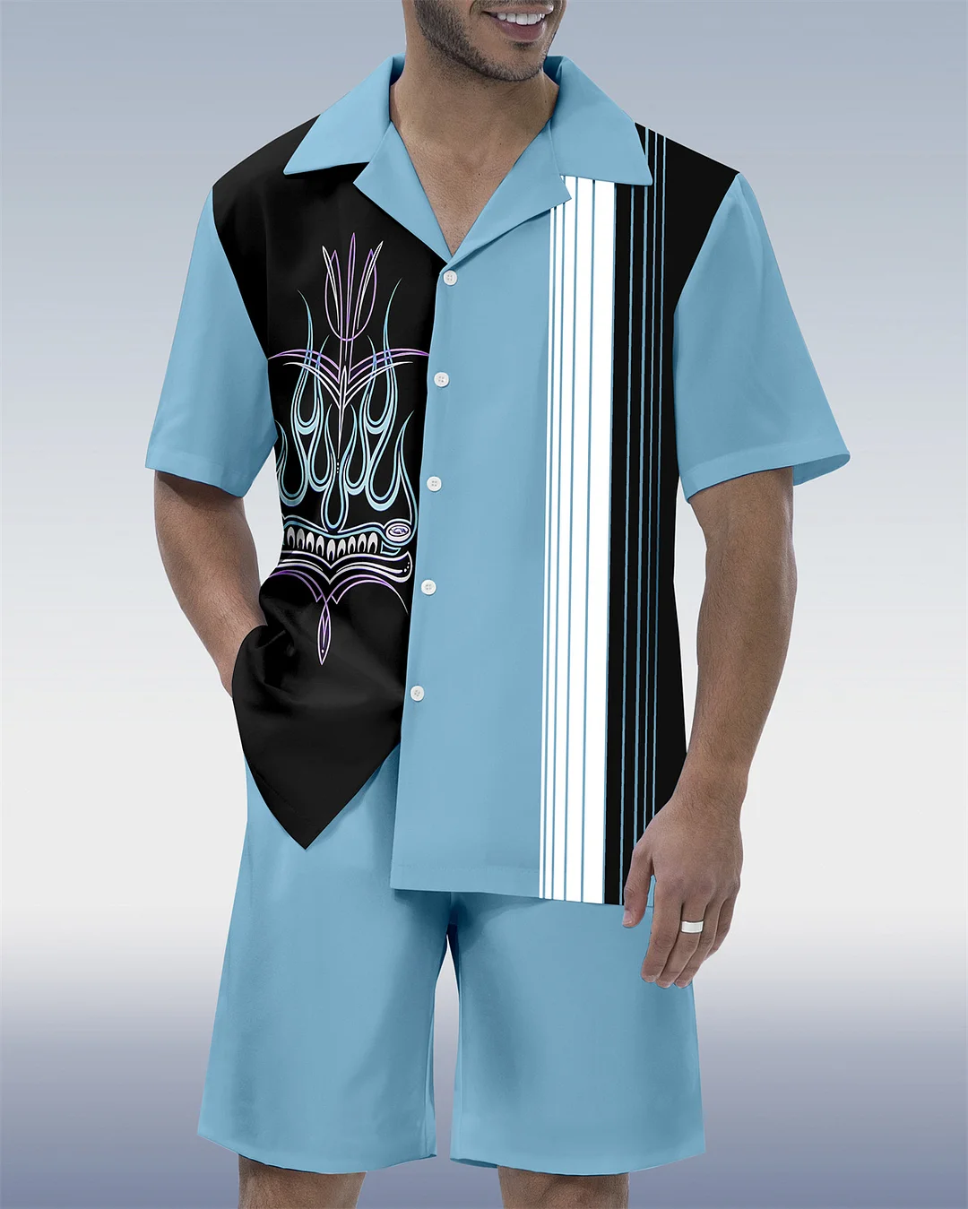 Men's Modified Car Party Hawaiian Cuban Collar Short Sleeve Shirt Set