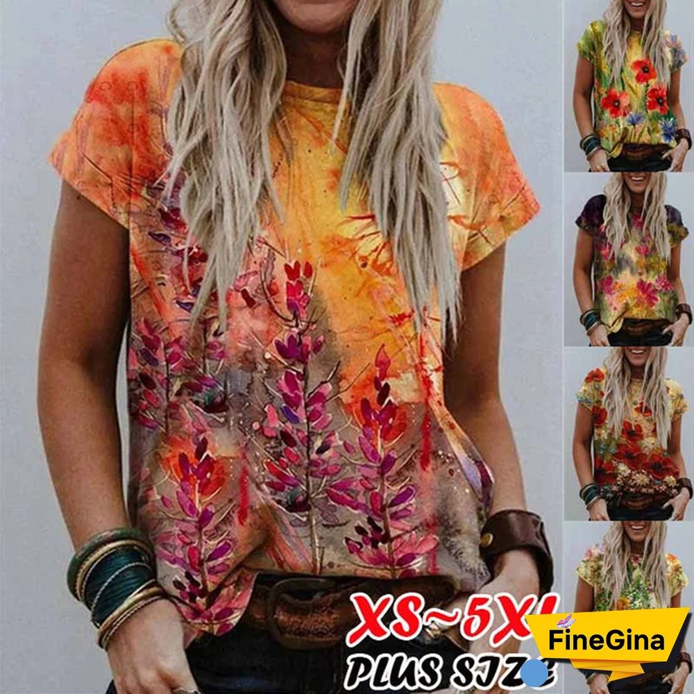 NEW Women's Fashion Round neck Casual Top Abstract Graphic Printed Shirt Short Sleeve Multicolor Loose Blouse T-shirt Plus Size