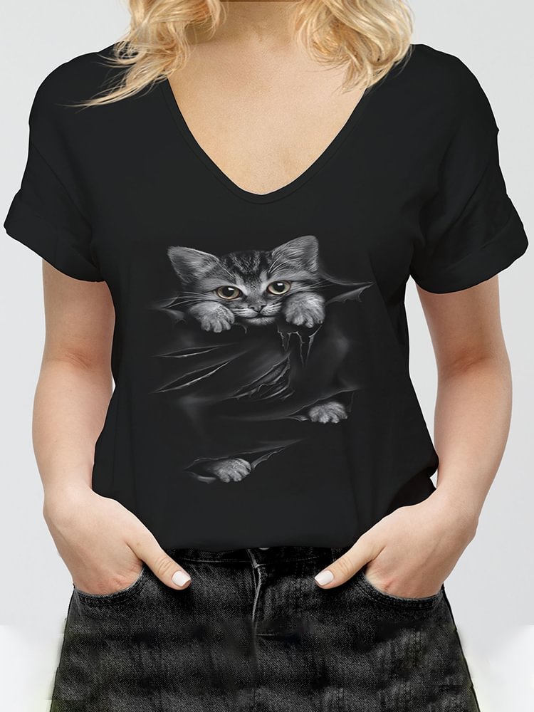 Cute Cat Funny Printed V-Neck Casual Tee