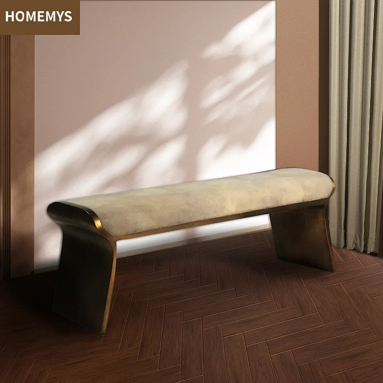 Homemys Beige Modern Velvet Upholstered Stainless Steel Bench