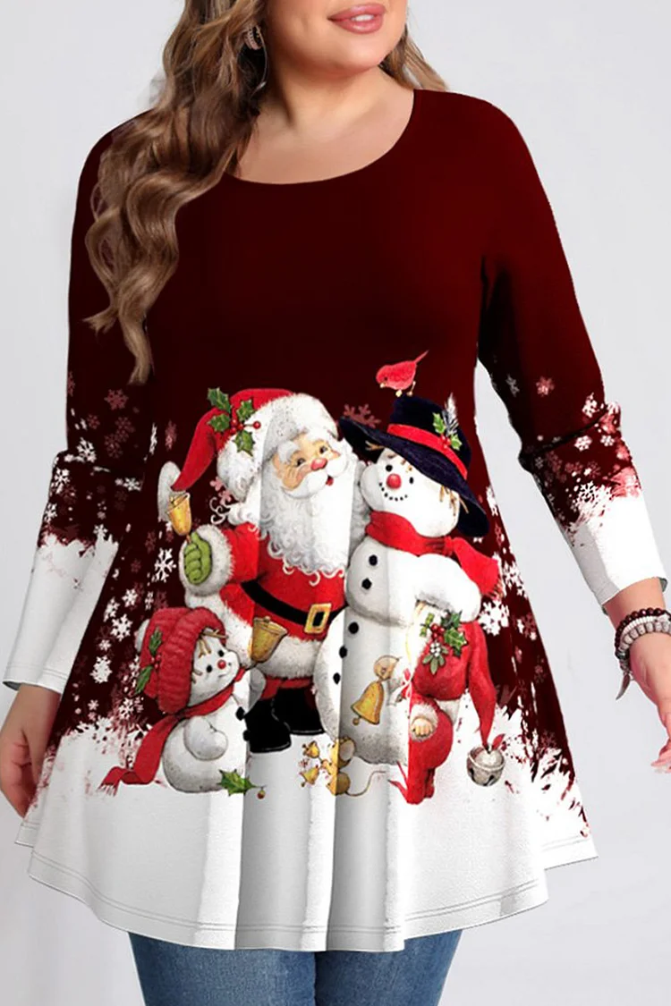 Flycurvy Plus Size Christmas Casual Burgundy Pleated Print Long Sleeve T-Shirt