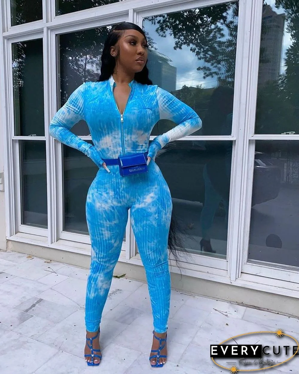 High Neck Tie-dye Zipper Slim Fit Fitness Jumpsuit