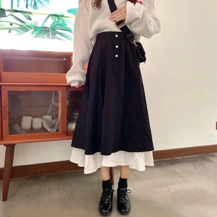 HOUZHOU Vintage Elegant Ruffle Long Skirt Women Kawaii Black Buttons Patchwork A-line Midi Skirt Casual Summer Korean Fashion