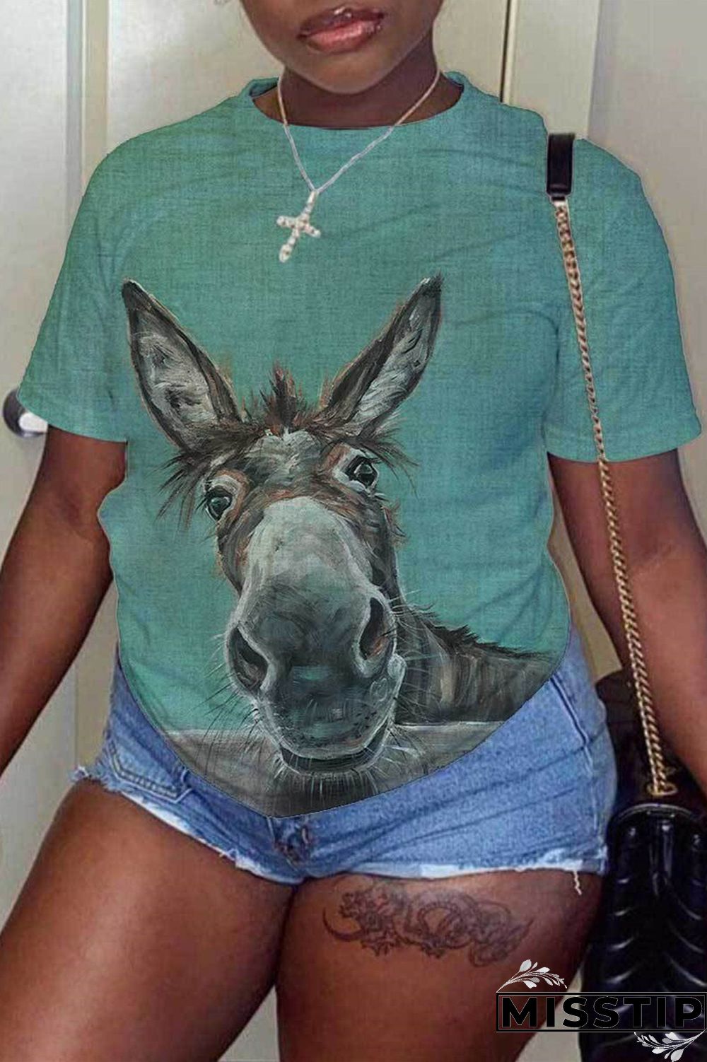 Grass Green Fashion Casual Print Basic O Neck T-Shirts