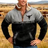 💥 2025 Hot Sale!Men's Western Fleece Jacket Cowboy Bull Head Print Pullover 1/4 Zip Stand Collar LongSleeve Sweatshirts