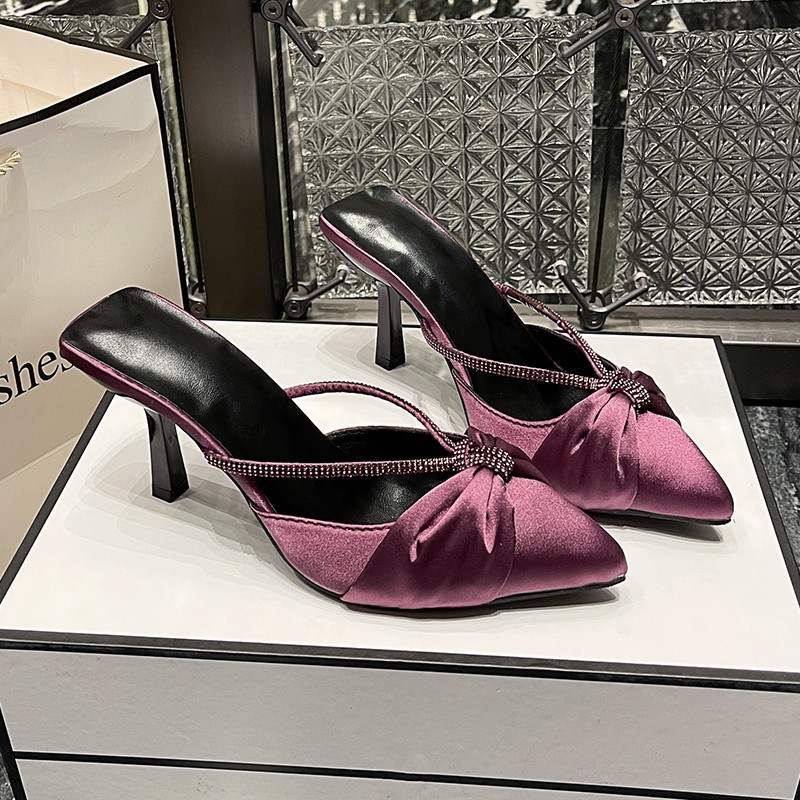 Elegant Purple Satin Bow Rhinestone Pointed Toe High Heel Slippers 2024 - Flycurvy 