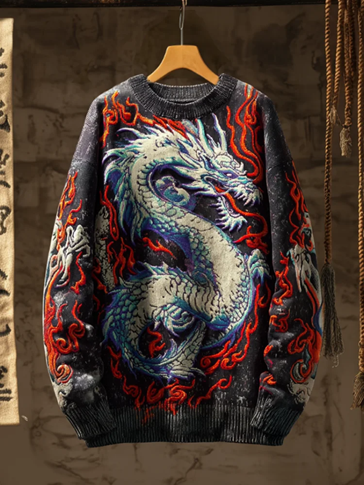 Japanese Art Style Dragon And Fire Pattern Retro Men's Sweater