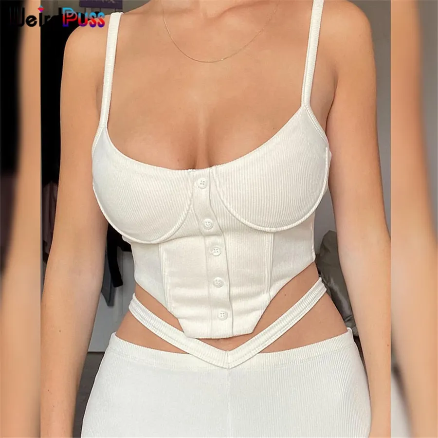 Weird Puss Y2K Elegant Office Lady 2021 Ribb 2Piece Set Women Tracksuit Tank Top+Low Waist Pants Casual Hot Street Matching Suit