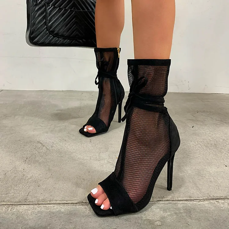 Women's Black Net Ankle Boots Elegant Square Toe Tie Stiletto Heels |FSJ Shoes
