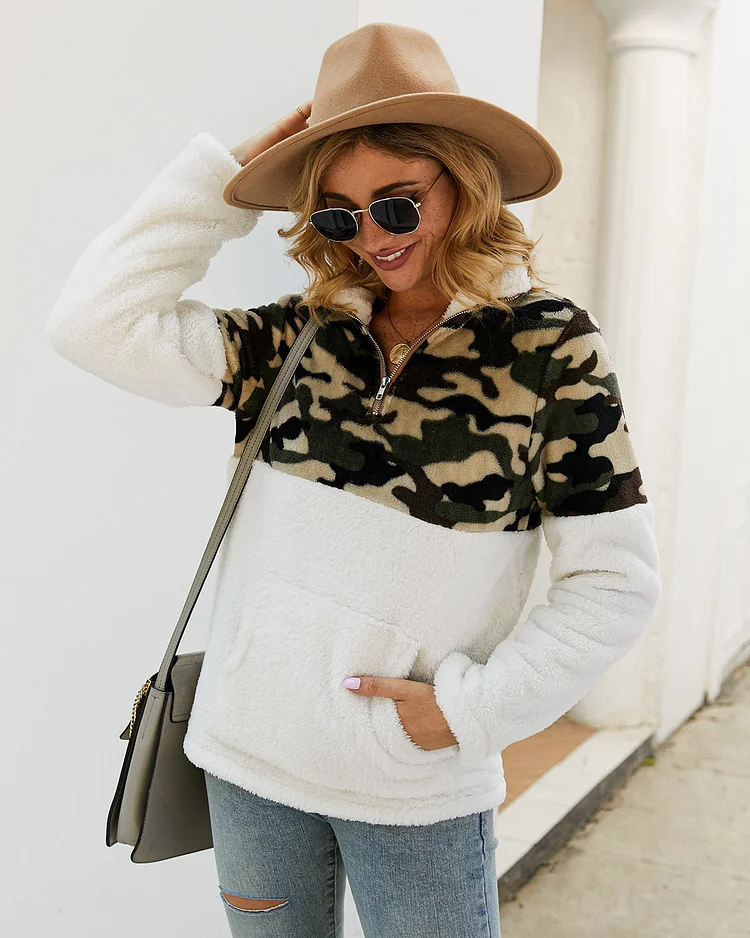 Women Sherpa Jacket Autumn and Winter New Long-Sleeved Sweater Leopard Splicing Top