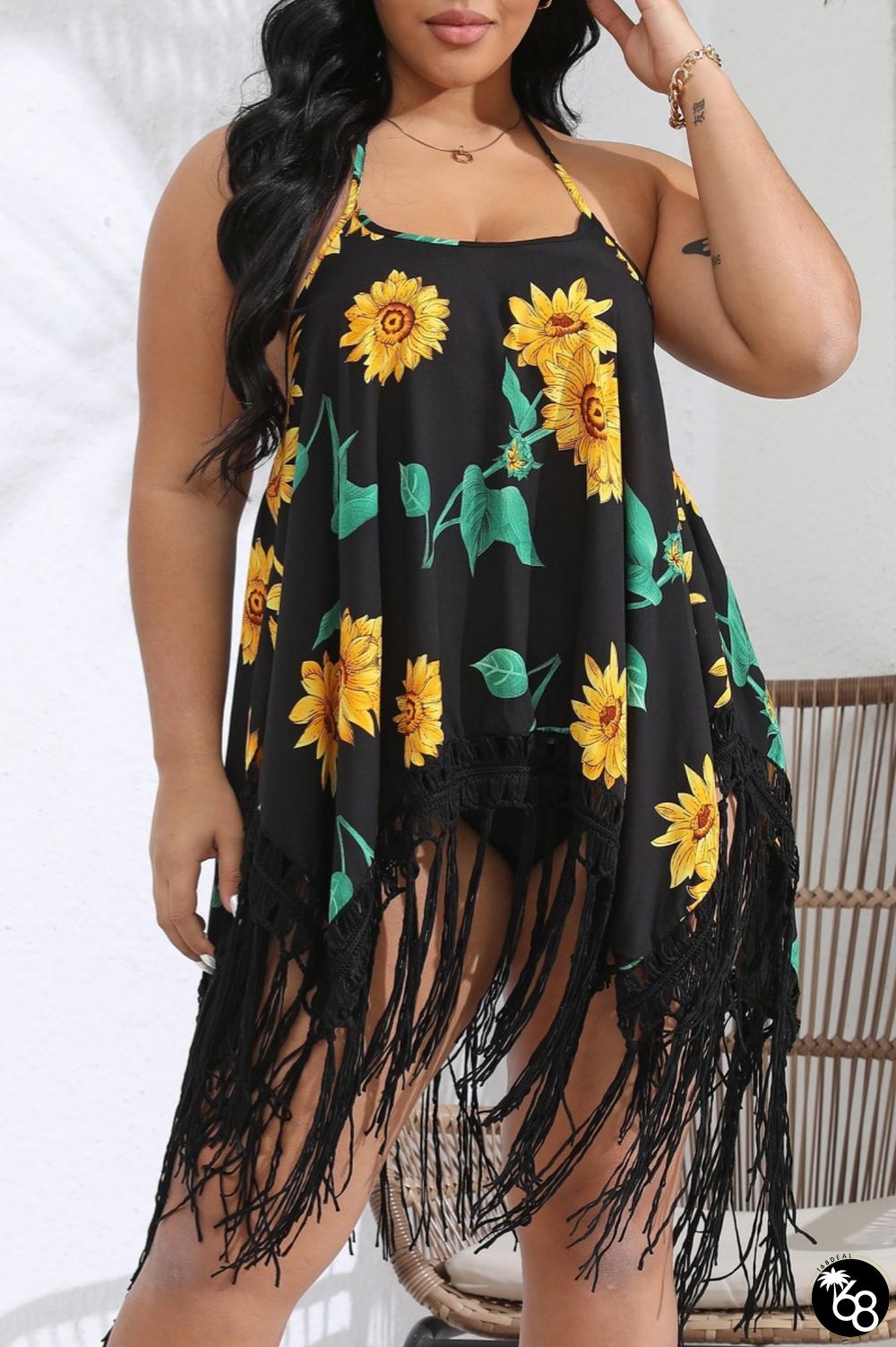 Sexy Print Tassel Bandage Backless Asymmetrical Halter Beach Dress Plus Size Dresses | 168DEAL