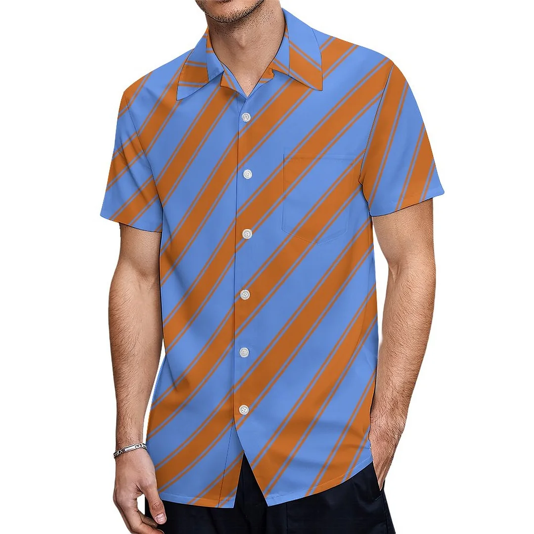 Short Sleeve Orange Blue Striped Colored Hawaiian Shirt Mens Button Down Plus Size Tropical Hawaii Beach Shirts