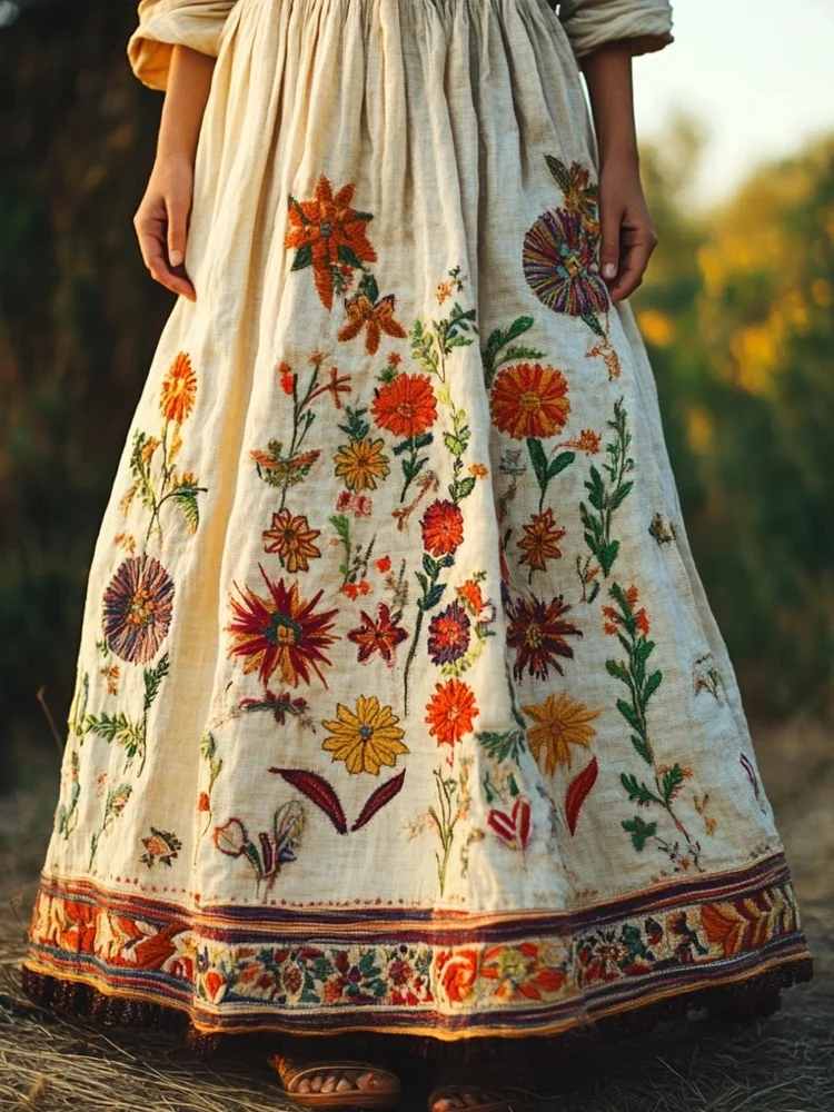 Vintage Floral Embroidered Linen Blend Skirt