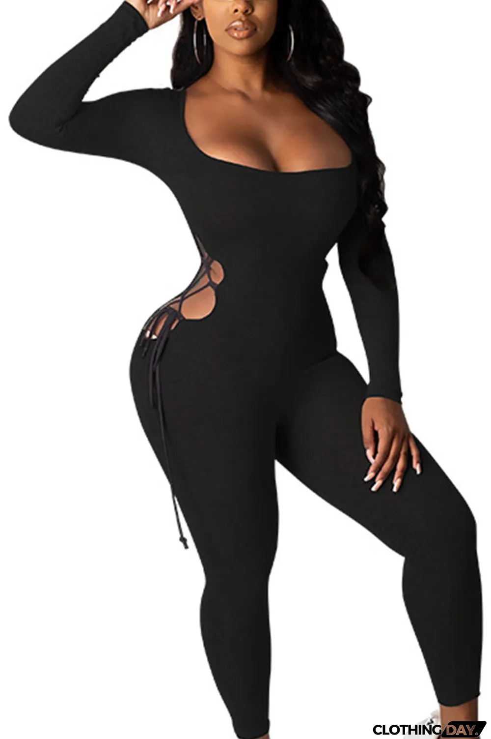 Grey Sexy Polyester Milk Fiber Solid Hollowed Out Frenulum U Neck Skinny Jumpsuits