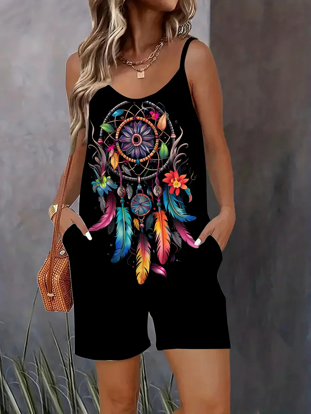 Women's Stylish 3d Vintage Nordic Print Sleeveless Jumpsuit Shorts - Casual Spaghetti Strap Romper With Pockets, Black To Colorful Gradient Design, Lightweight Polyester For Summer, Ladies Rompers And Jumpsuit | IFYHOME