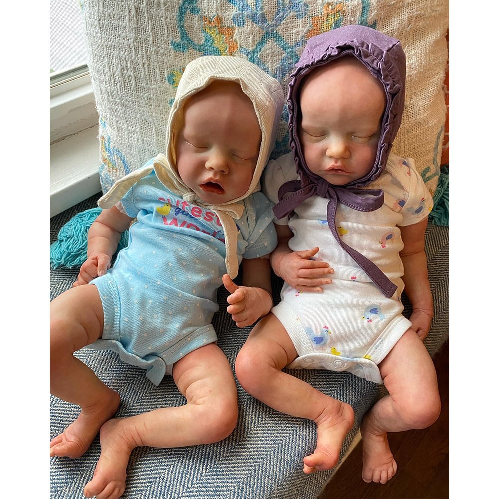 [New!]12'' Soft Silicone Body Reborn Eyes Closed Baby Twins Sisters Girl Named Qunya and Diyase  Reborn Hand-painted Hair Doll