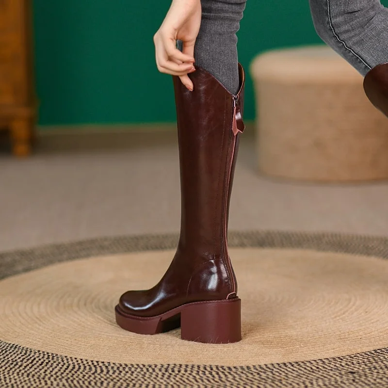 2021 NEW Women Genuine Leather Western Boots Round Toe Zipper Shoes Platform Thick High Heel Short Boots Autumn Winter Wine Red