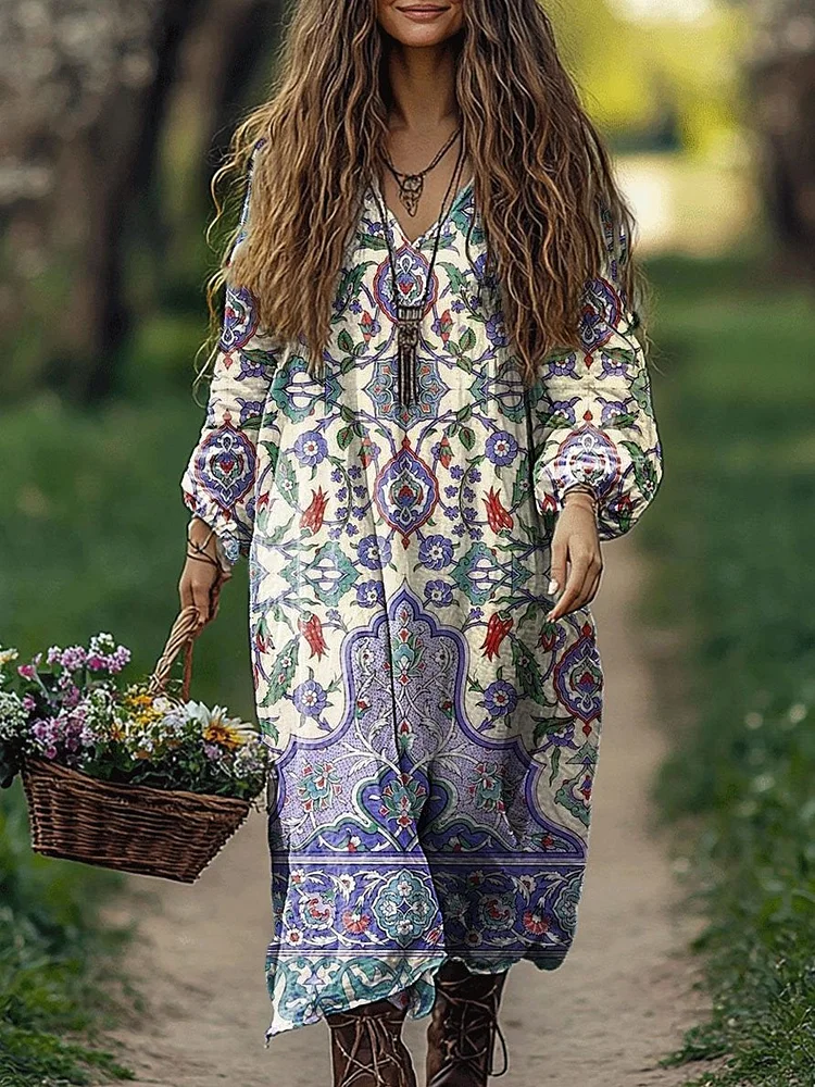 Women's Vintage Floral Art Print Pocket Cotton V Neck Long Sleeve Dress