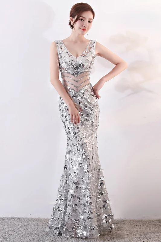 Stunning Sequins V-Neck Long  Prom Dress Mermaid Evening Party Gowns Online - lulusllly