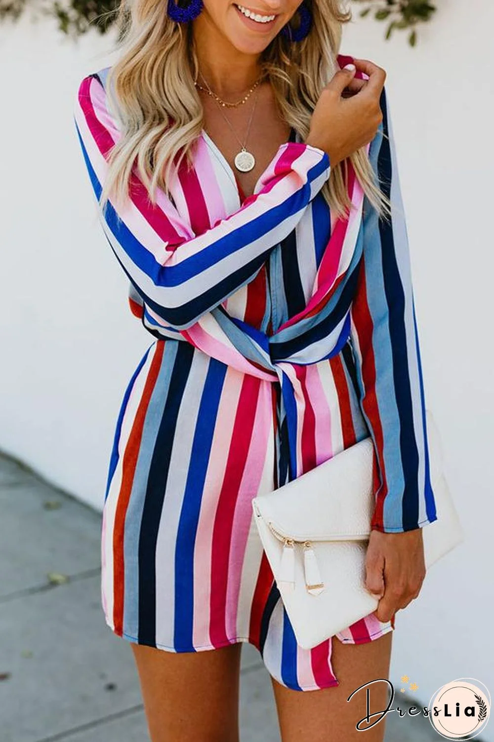 V-Neck Long Sleeve Rainbow Stripe Mini Dress