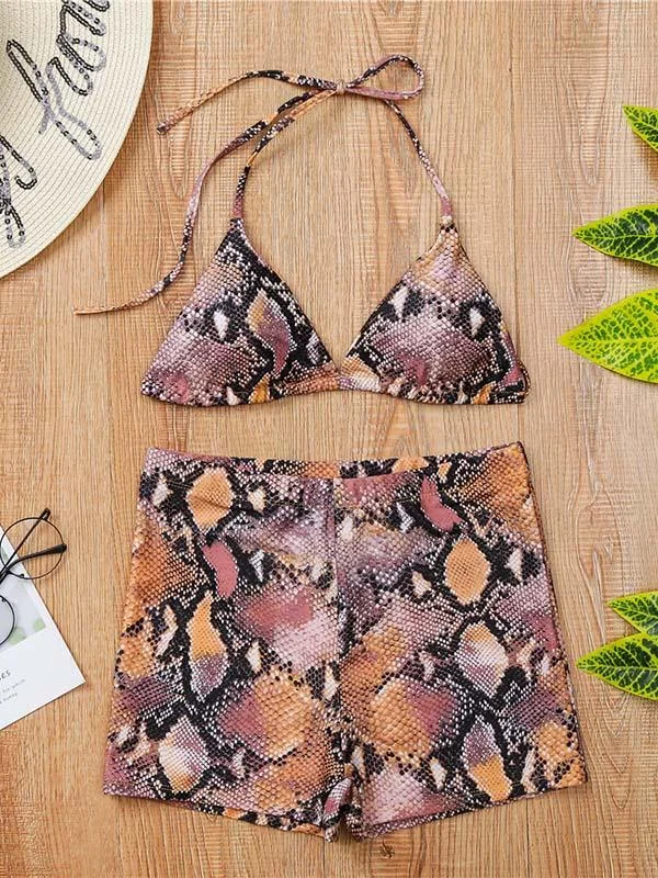 The Same Star Sexy Snake-Print Triangles Shorts Split Bikini Swimsuit
