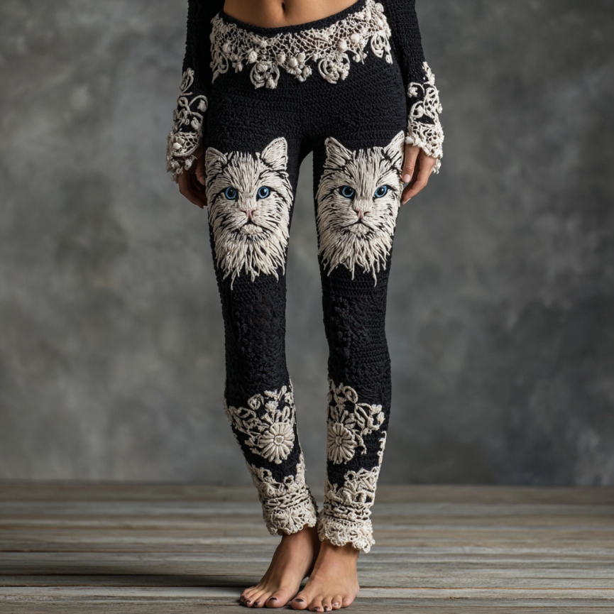 Women's Cute Cat Face Lace Embroidered Gradient Cozy Leggings