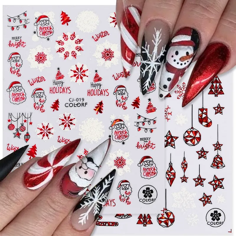 Winter Xmas 3D Nail Sticker Christmas Elk Santa Snowflake Deer Fox Cartoon Slider Design Polish Nails Decals Nail Art DIY Decor-Nail Inspo