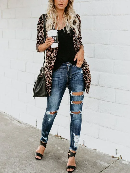 Loose leopard printed long sleeve cardigan