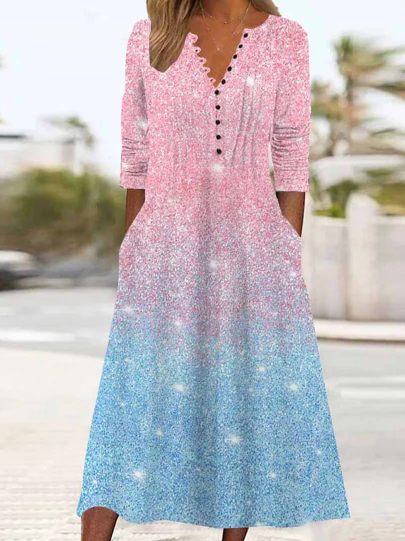 Women Colorblock,Blue DZHB8316 Long Sleeve V-Neck Graphic Printed Midi Dress