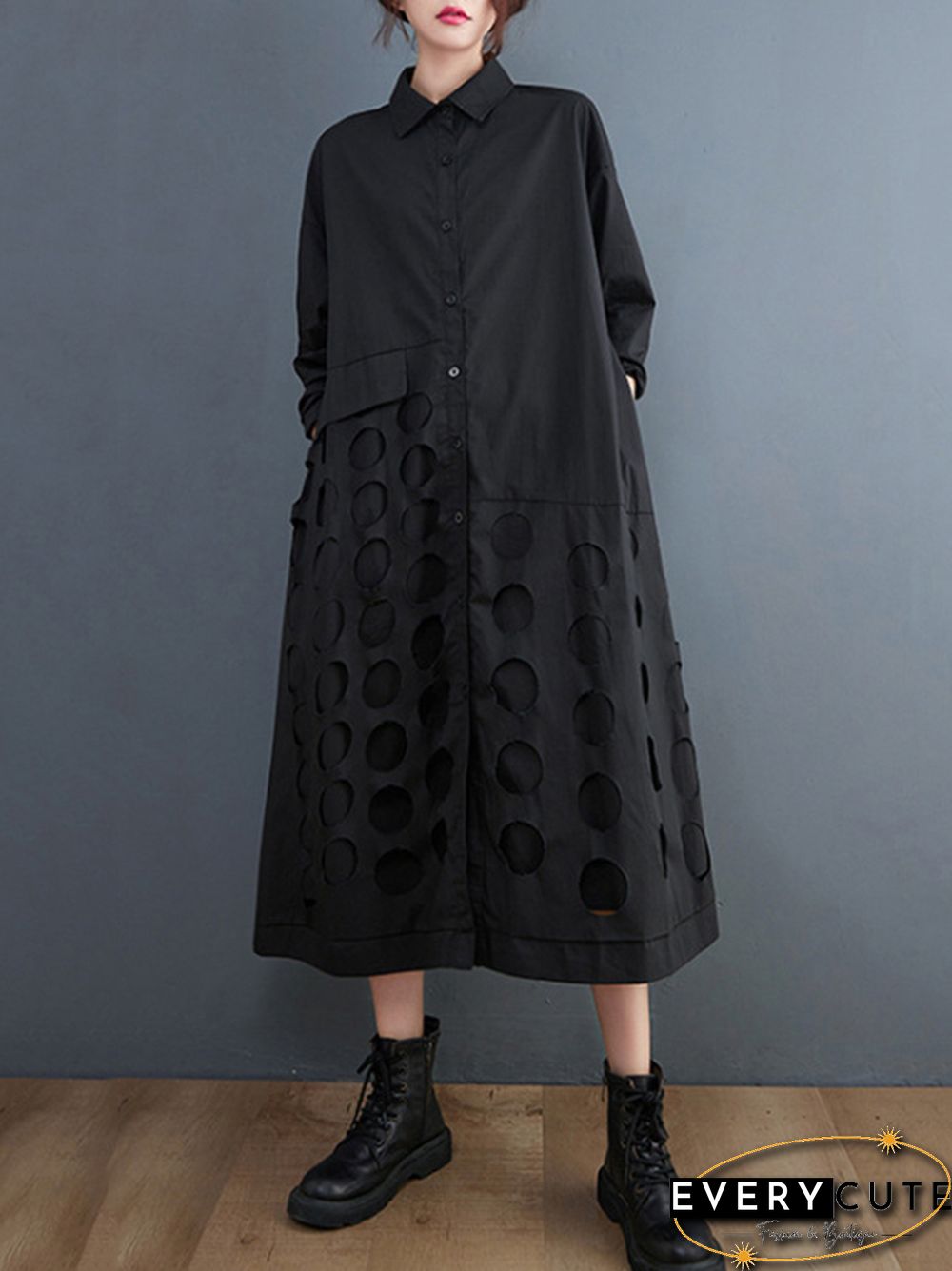 A-Line Long Sleeves Asymmetric Hollow Polka-Dot Solid Color Lapel Midi Dresses