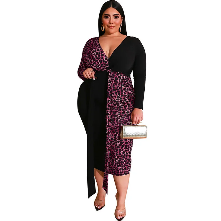 Women Plus Size Midi Dresses Leopard Print Multicolor Printing Deep Vbodycon Tight Dress with Belt