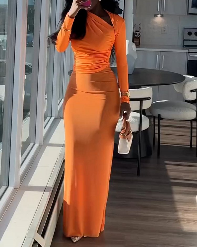 Long-sleeved V-neck Pleated Top and Skirt Two-piece Set