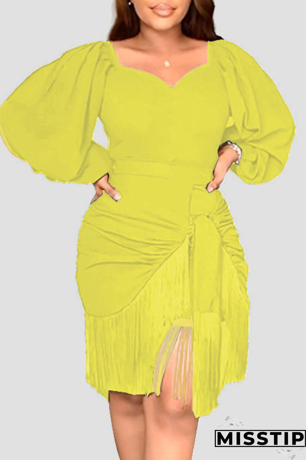 Green Casual Solid Tassel Patchwork Asymmetrical V Neck Straight Dresses