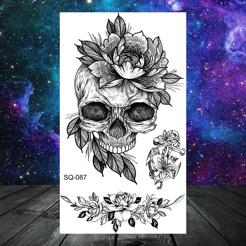 Black Skull Rose Flower Temporary Tattoos For Women Adult Girls Kids Snake Scorpion Wolf Tree Fake Tattoo Finger Ear Tatoos
