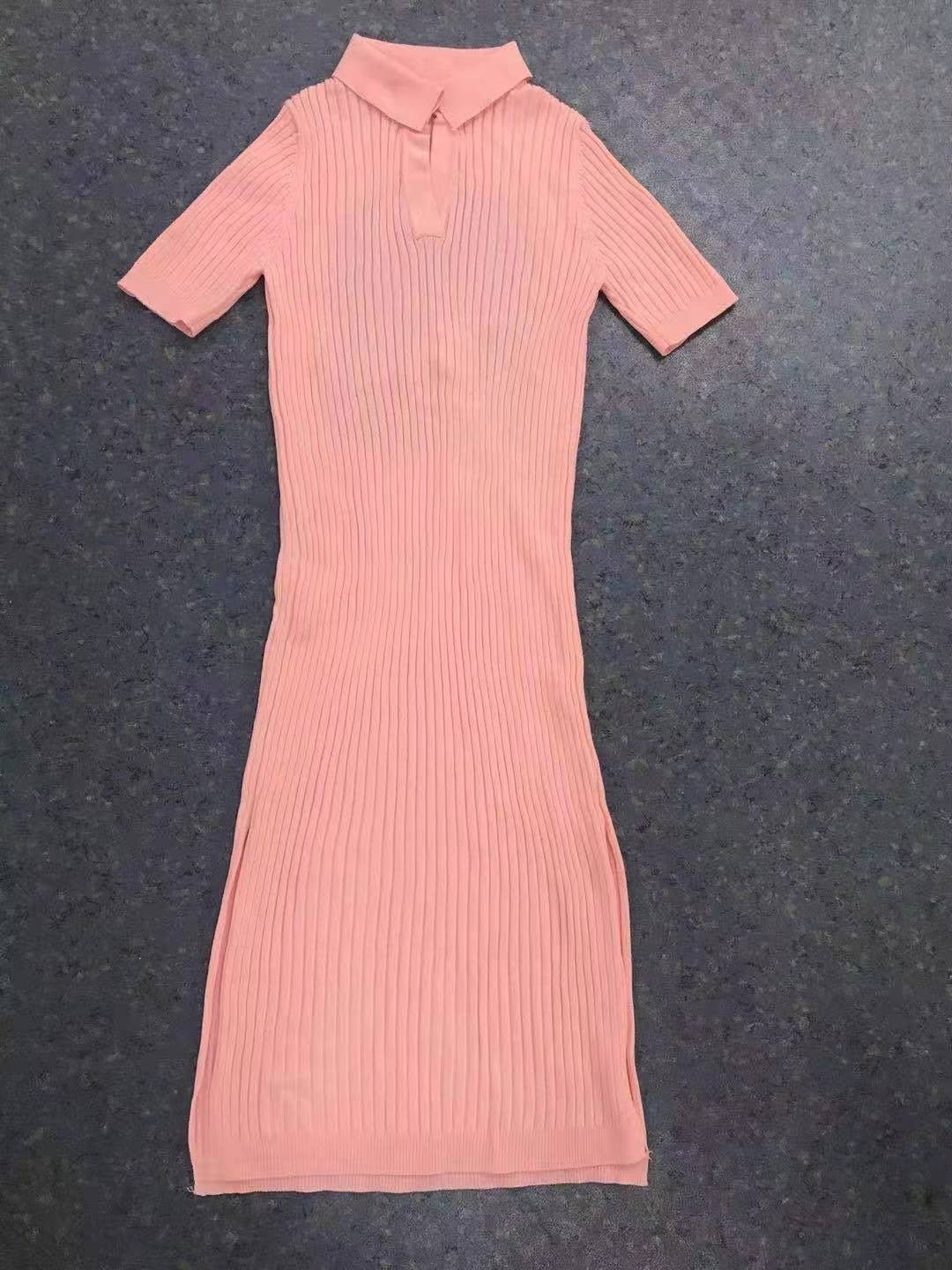 2021 New Women Summer Close-fitting Slit Dress Pink Solid Color Turn-down Collar Short Sleeve Backless Ribbed Knitted Dress
