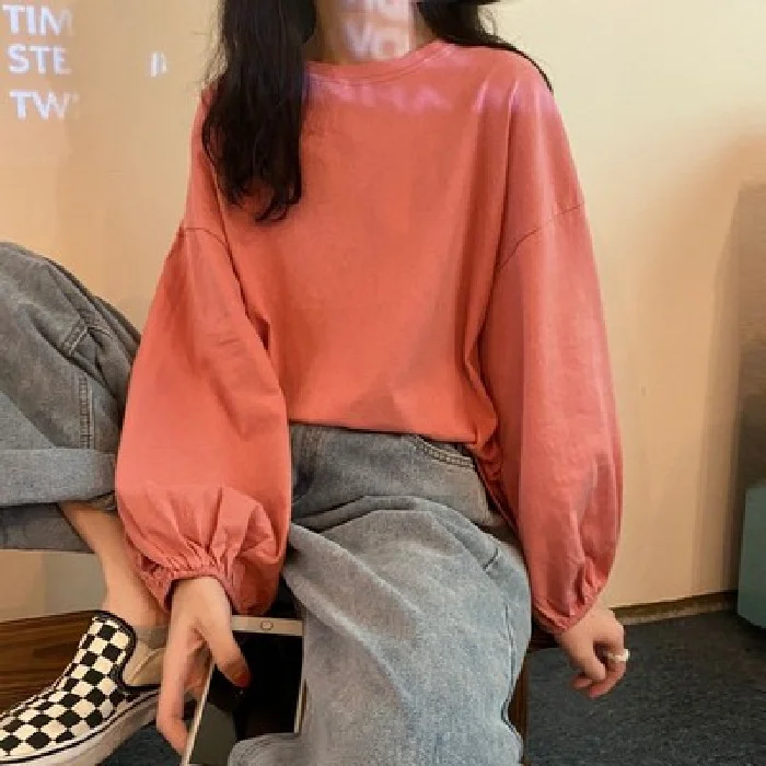 Brownm Brownm Women's Fall 2024 New Korean Version Loose Sleeve Student Lantern Sleeve Long-Sleeve T-Shirt Women's Solid Color Bottom Shirt Tide