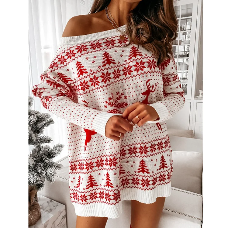Christmas Jacquard Loose Knitted Long Sleeve Mini Dress