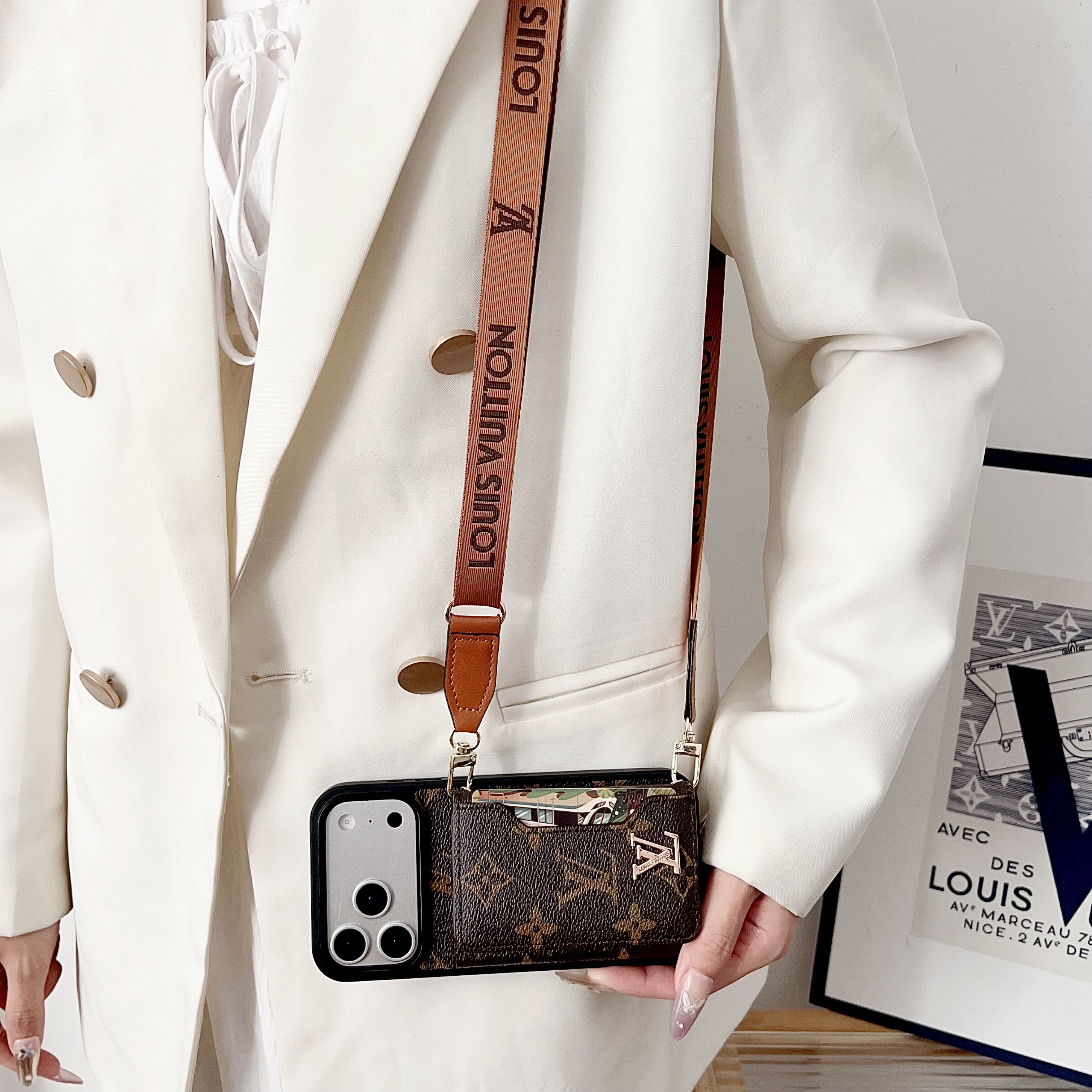 Louis Vuitton & Gucci Designer Monogram Crossbody Wallet Phone Case with Detachable Woven Lanyard Strap