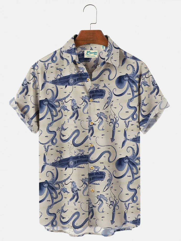 Men's Summer Holiday Casual Hawaiian Shirts Ocean Octopus Wrinkle Free Tops