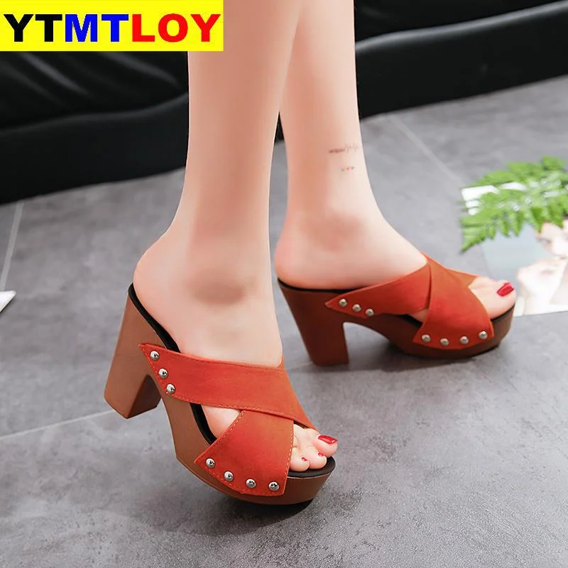 Summer Women Sandals Square High Heel Platform Flock Casual Rivet Pumps Peep Toe Female Elegant Ladies Shoes Zapatos De Mujer
