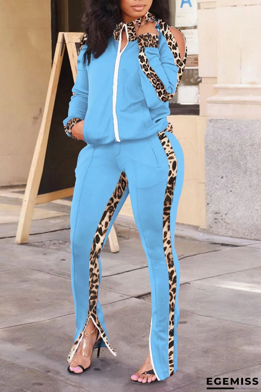 Baby Blue Casual Print Leopard Patchwork Zipper Zipper Collar Long Sleeve Two Pieces | EGEMISS