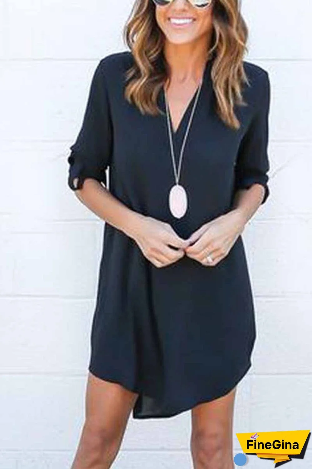 Fall Long Sleeve V-Neck Mini Dress