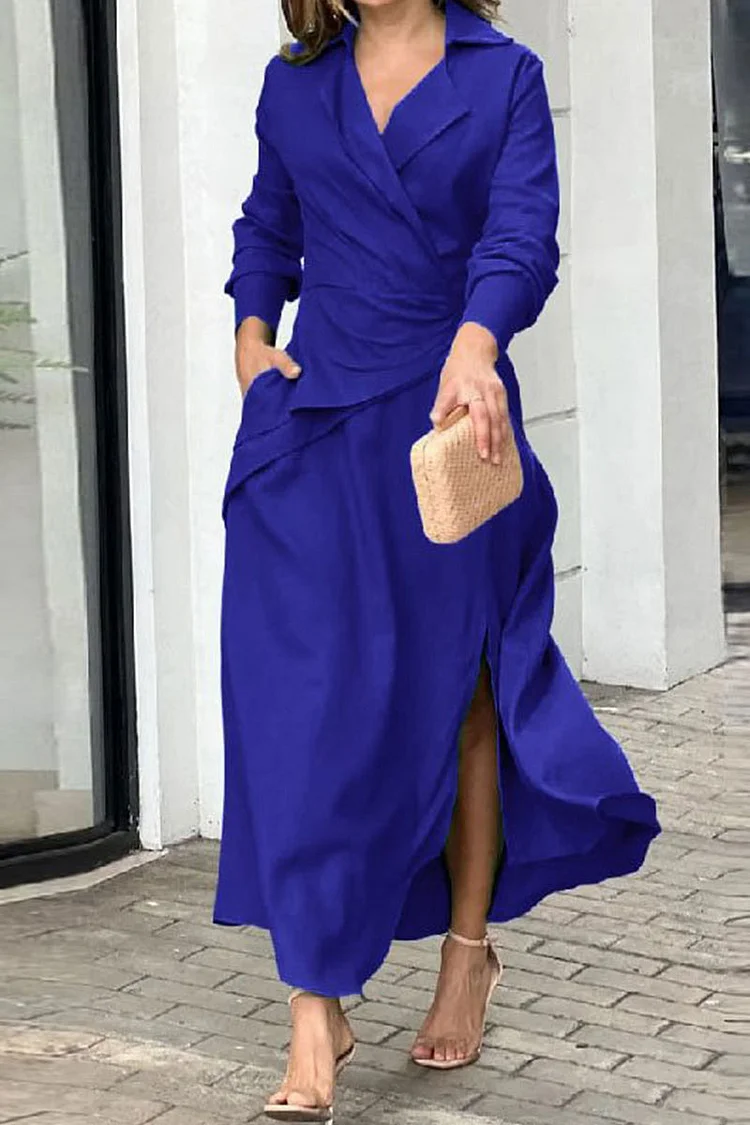 Elegant Solid Slit Fold Turndown Collar Shirt Dress Dresses