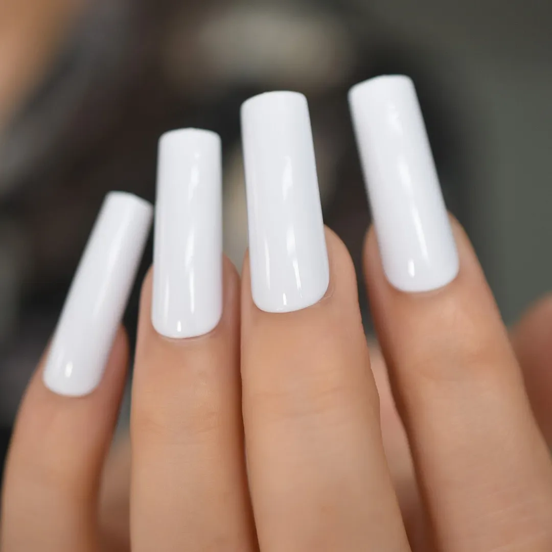 24pcs Long Square Fake Nails Nude White French Tip Press On Nails Full Cover Glossy Gel False Nail Art Manicure for Women-Nail Inspo