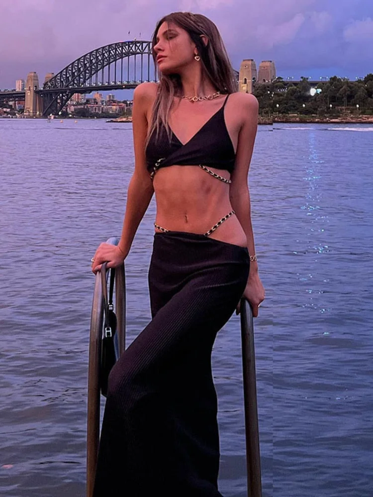 Black Friday Big Sales Elegant Strap Crop Top + Midi Skirt Black 2 Piece Sets Women 2023 Summer Sexy Backless Bandage Party Club Dresses Streetwear