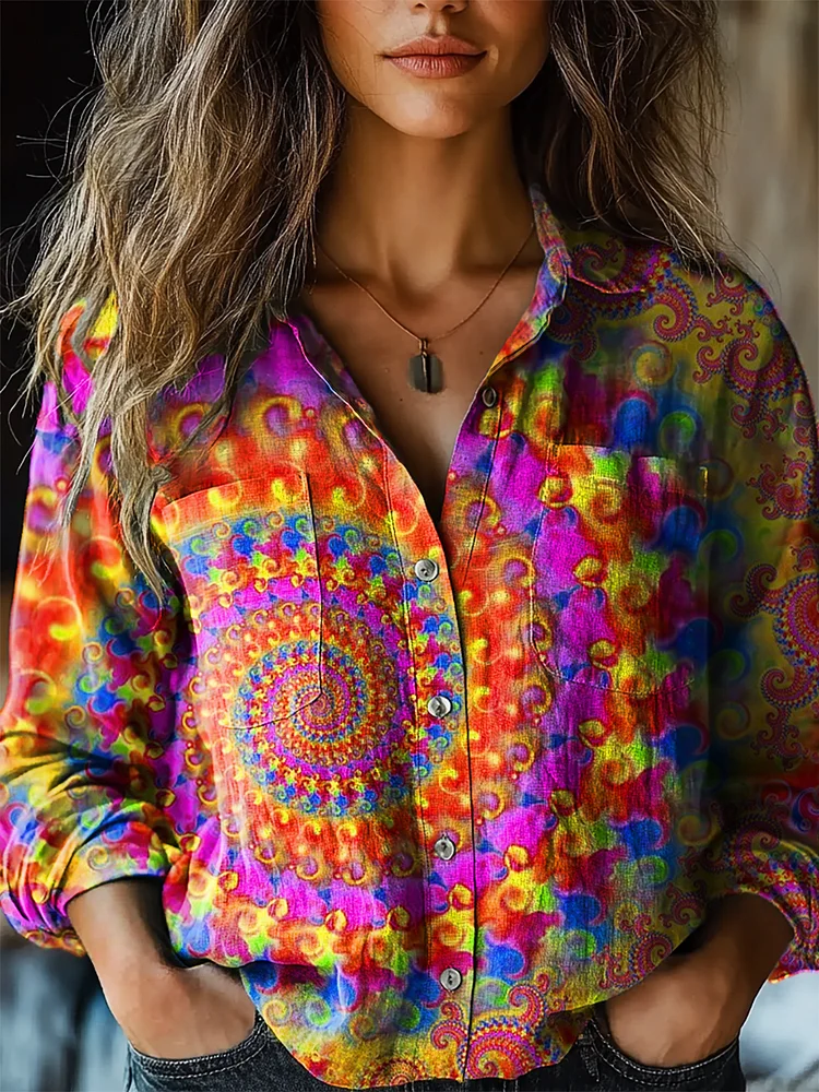 Women's Hippie Art Print Casual Long Sleeve Comfortable Cotton Shirt
