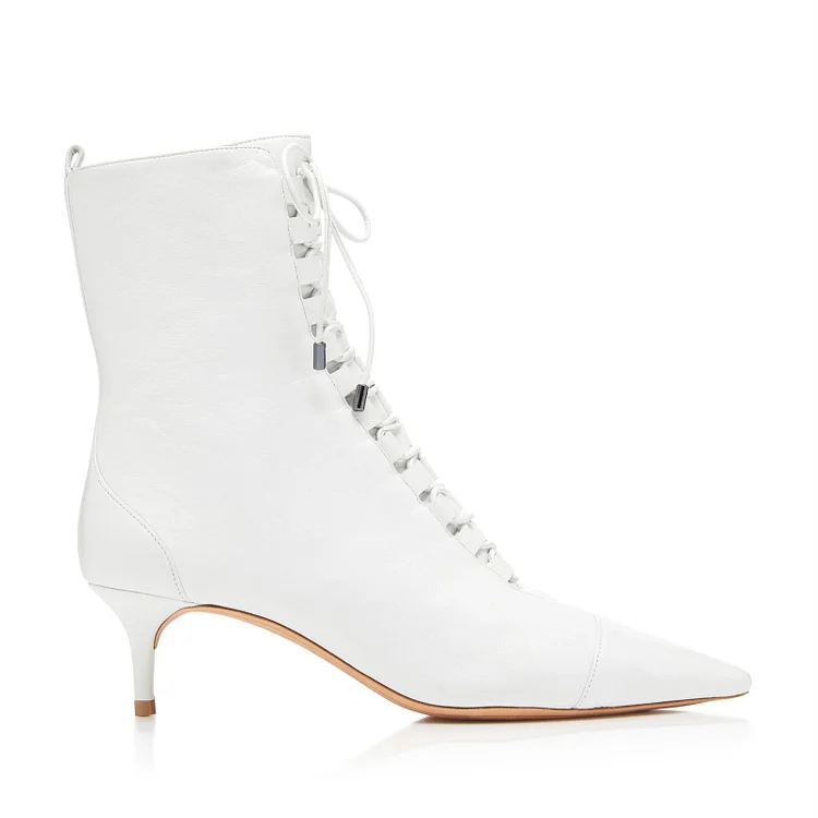 White Pointy Toe Lace up Kitten Heel Ankle Booties Vdcoo