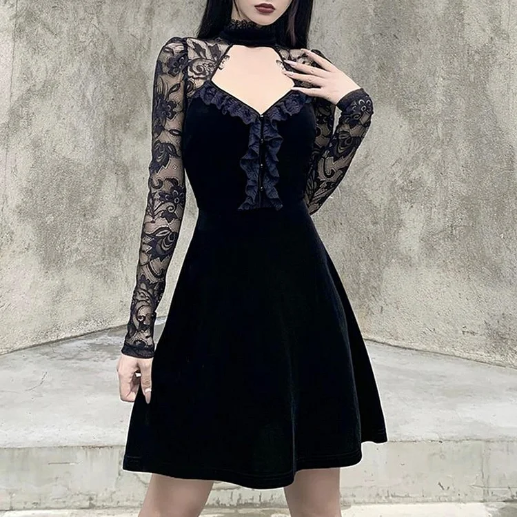 GOTH VINTAGE VELVET LACED BLACK MINI DRESS